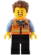 Minifig No: bdp082 Name: Train Driver - Male, Orange Safety Vest with Reflective Stripes, Black Legs, Reddish Brown Hair Minifig No: bdp082 Name: Train Driver - Male, Orange Safety Vest with Reflective Stripes, Black Legs, Reddish Brown Hair