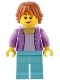 Minifig No: bdp091 Name: Traveler - Female, Medium Lavender Jacket, Medium Azure Legs, Dark Orange Hair Minifig No: bdp091 Name: Traveler - Female, Medium Lavender Jacket, Medium Azure Legs, Dark Orange Hair