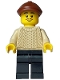 Minifig No: bdp106  Name: Painter - Male Artist, Tan Knit Cable Sweater, Black Legs, Reddish Brown Flat Cap