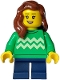 Minifig No: bdp110  Name: Child - Girl, Bright Green Sweater with Bright Light Yellow Zigzag Lines, Dark Blue Short Legs, Reddish Brown Hair over Shoulder
