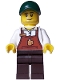 Minifig No: bdp111  Name: Bakery / Boulangerie Owner - Reddish Brown Apron with Cup and Name Tag, Dark Brown Legs, Dark Green Cap