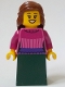 Minifig No: bdp118  Name: General Store Customer - Female, Dark Pink Sweater, Dark Green Skirt, Reddish Brown Hair