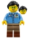 Minifig No: bdp123  Name: Train Worker - Female, Medium Blue Octan Shirt, Dark Tan Legs with Reddish Brown Boots, Green Glasses, Black Ponytail