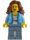 Minifig No: bdp135  Name: Passenger - Female, Bright Light Blue Jacket over White Shirt with Coral Flowers, Sand Blue Legs, Reddish Brown Wavy Hair