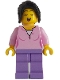Minifig No: bdp136  Name: Singer - Female, Bright Pink Top, Medium Lavender Legs, Black Hair Ponytail Long with Side Bangs