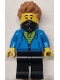 Minifig No: bdp138  Name: Train Worker - Male, Dark Azure Hoodie with Green Striped Shirt, Black Legs and Bandana, Medium Nougat Spiked Hair