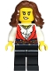 Minifig No: bdp145  Name: Pirate - Female, Red Vest over White Shirt, Black Legs, Reddish Brown Hair