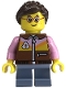 Minifig No: bdp148  Name: Child - Girl, Reddish Brown Jacket, Sand Blue Short Legs, Dark Brown Ponytail, Glasses, Freckles