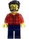 Minifig No: bdp149  Name: Camper - Male, Red Plaid Flannel Shirt, Dark Blue Legs, Black Hair, Glasses, Beard