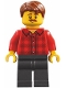 Minifig No: bdp154  Name: Harbormaster's Office Fisherman - Red Plaid Flannel Shirt, Pearl Dark Gray Legs, Reddish Brown Hair