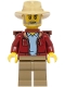 Minifig No: bdp157  Name: Lost City Explorer - Male, Dark Red Jacket with Bright Light Blue Shirt, Dark Tan Legs, Tan Fedora, Backpack