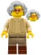 Minifig No: bdp161  Name: The Art of Chocolate Customer - Female, Tan Knit Cable Sweater, Dark Tan Legs, Reddish Brown Boots, Light Bluish Gray Short Wavy Hair