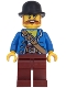 Minifig No: bdp192  Name: Wild West Train Bandit - Male, Blue Jacket, Dark Red Legs, Black Bowler Hat