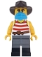 Minifig No: bdp194  Name: Wild West Train Bandit - Male, White Tank Top with Red Stripes, Dark Bluish Gray Legs with Black Boots, Dark Azure Bandana, Dark Brown Fedora