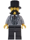 Minifig No: bdp198  Name: Wild West Train Passenger - Male, Light Bluish Gray Striped Jacket, Pearl Dark Gray Legs, Black Moustache and Top Hat