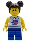 Minifig No: bdp243  Name: Popcorn Wagon Customer - Child, White Collared Shirt with Fruit, Blue Medium Legs, Dark Brown Hair