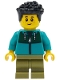 Minifig No: bdp308  Name: Child - Boy, Dark Turquoise Jacket with Dark Green Panel, Olive Green Medium Legs, Black Hair