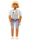 Minifig No: belvfemale12  Name: Belville Female - Medic, Light Blue Shorts, White Shirt with EMT Star of Life Pattern, Light Yellow Hair