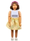 Minifig No: belvfemale15a  Name: Belville Female - Light Violet Torso with lace collar, Brown Hair and Yellow Print Skirt, Headband
