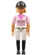 Minifig No: belvfemale36a  Name: Belville Female - White Shorts, Black Boots Style, Pink Shirt with Dark Pink Pattern, Light Yellow Hair, Helmet