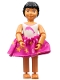 Minifig No: belvfemale46a  Name: Belville Female - White Swimsuit with Dark Pink Dolphin Pattern, Black Hair, Skirt, Bow