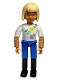 Minifig No: belvfemale59  Name: Belville Female - Horse Rider, Blue Shorts, White Shirt with Apples Pattern, Light Yellow Hair #5854