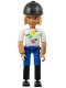 Minifig No: belvfemale59a  Name: Belville Female - Horse Rider, Blue Shorts, White Shirt with Apples Pattern, Light Yellow Hair, Riding Hat