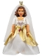 Minifig No: belvfemale64a  Name: Belville Female - White Top with Gold Lace Trim, White Skirt with Gold Layer and Pink Jewel, White Veil, Gold Crown