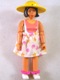 Minifig No: belvfemale67a  Name: Belville Female - White Swimsuit with Dark Pink and Light Orange Stripes, Short Black Hair, White Shoes, Skirt, Hat Wide Brim, Bows