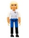 Minifig No: belvfemale69  Name: Belville Female - Light Violet Top with White Sleeves, Blue Shorts, Black Boots, Light Yellow Hair