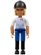 Minifig No: belvfemale69a  Name: Belville Female - Light Violet Top with White Sleeves, Blue Shorts, Black Boots, Light Yellow Hair, Helmet