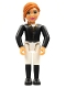 Minifig No: belvfemale78  Name: Belville Female - Horse Rider, White Shorts, Black Shirt with Gold Buttons and Collar, Black Boots, Dark Orange Ponytail