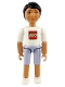 Minifig No: belvmale08  Name: Belville Male - Light Violet Shorts, White Shirt with LEGO Logo, Black Hair