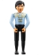 Minifig No: belvmale18  Name: Belville Male - Black Pants, Light Blue Shirt with White and Gold Fur Pattern on Shoulders and Gold Fastenings on Front, Black Hair