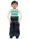 Minifig No: belvmale20a  Name: Belville Male - Black Legs, White Arms, Light Lime / Turquoise / White Argyle Top, Black Hair, Jeans