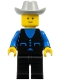 Lot ID: 332480139  Minifig No: but023  Name: Shirt with 3 Buttons - Blue, Black Legs, Light Gray Cowboy Hat