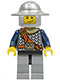 Minifig No: cas406  Name: Fantasy Era - Crown Knight Scale Mail with Chest Strap, Helmet with Broad Brim, Crooked Smile
