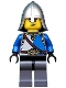 Minifig No: cas521  Name: Castle - King's Knight Blue and White with Chest Strap and Crown Belt, Helmet with Neck Protector, Angry Eyebrows and Scowl
