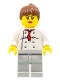Minifig No: chef019a  Name: Chef - White Torso with 8 Buttons, Light Bluish Gray Legs, Reddish Brown Ponytail Hair, Black Eyebrows, Female