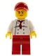 Minifig No: chef023  Name: Chef - White Torso with 8 Buttons, Red Legs and Red Cap with Hole (City Square Hot Dog Vendor)