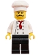Minifig No: chef025  Name: Chef - Black Legs, Moustache Curly Long, 'LEGO House Home of the Brick' Print on Back