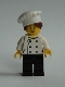Minifig No: chef026  Name: Chef - Black Legs, Open Mouth Smile, Hair in Bun, 'LEGO HOUSE Home of the Brick' on Back, Female