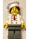 Minifig No: chef028  Name: Chef - White Torso with 8 Buttons, Dark Bluish Gray Legs, Hair in Bun