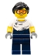 Minifig No: col310  Name: City Jungle Mechanic Female - Black Ponytail, Orange Goggles, White T-Shirt with Oil Stains, Dark Blue Legs