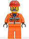 Minifig No: con008  Name: Construction Worker - Orange Zipper, Safety Stripes, Orange Arms, Orange Legs, Red Construction Helmet, Gray Angular Beard
