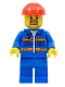 Minifig No: con009  Name: Blue Jacket with Pockets and Orange Stripes, Blue Legs, Red Construction Helmet, Brown Moustache and Goatee