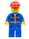 Minifig No: con010  Name: Blue Jacket with Pockets and Orange Stripes, Blue Legs, Red Construction Helmet, Orange Sunglasses