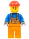 Minifig No: con011  Name: Overalls with Safety Stripe Orange, Orange Legs, Red Construction Helmet, Lopsided Smile