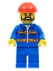 Minifig No: con012  Name: Blue Jacket with Pockets and Orange Stripes, Blue Legs, Red Construction Helmet, Black Angular Beard