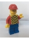 Minifig No: con014s  Name: Plain Red Torso with Red Arms, Blue Legs, Red Construction Helmet, Yellow Vest with Black Chevrons (Stickers)